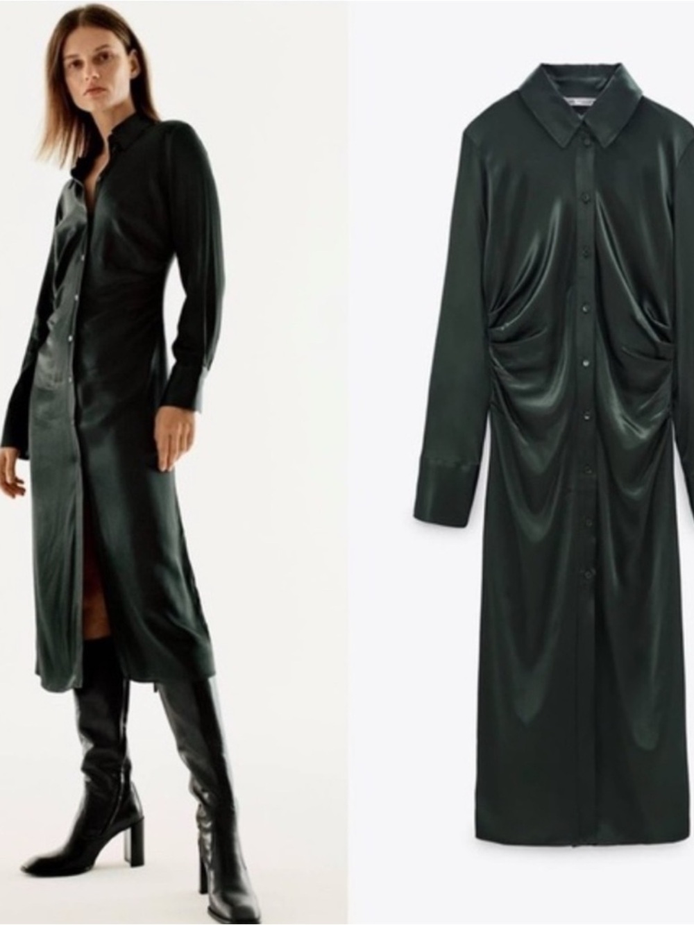 Zara Dark Green Satin Long-Sleeve Midi Dress